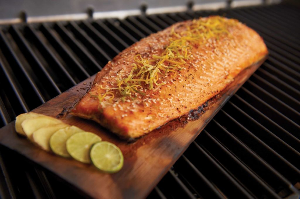 salmon grilled on a plank