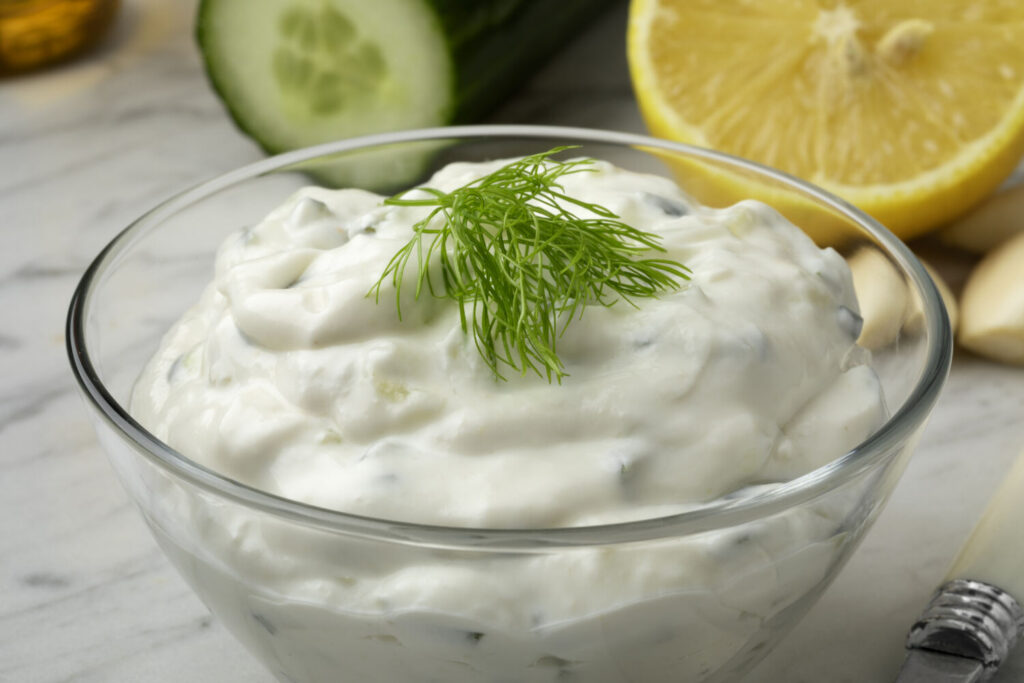 Bowl with traditional Greek tzatziki recipe